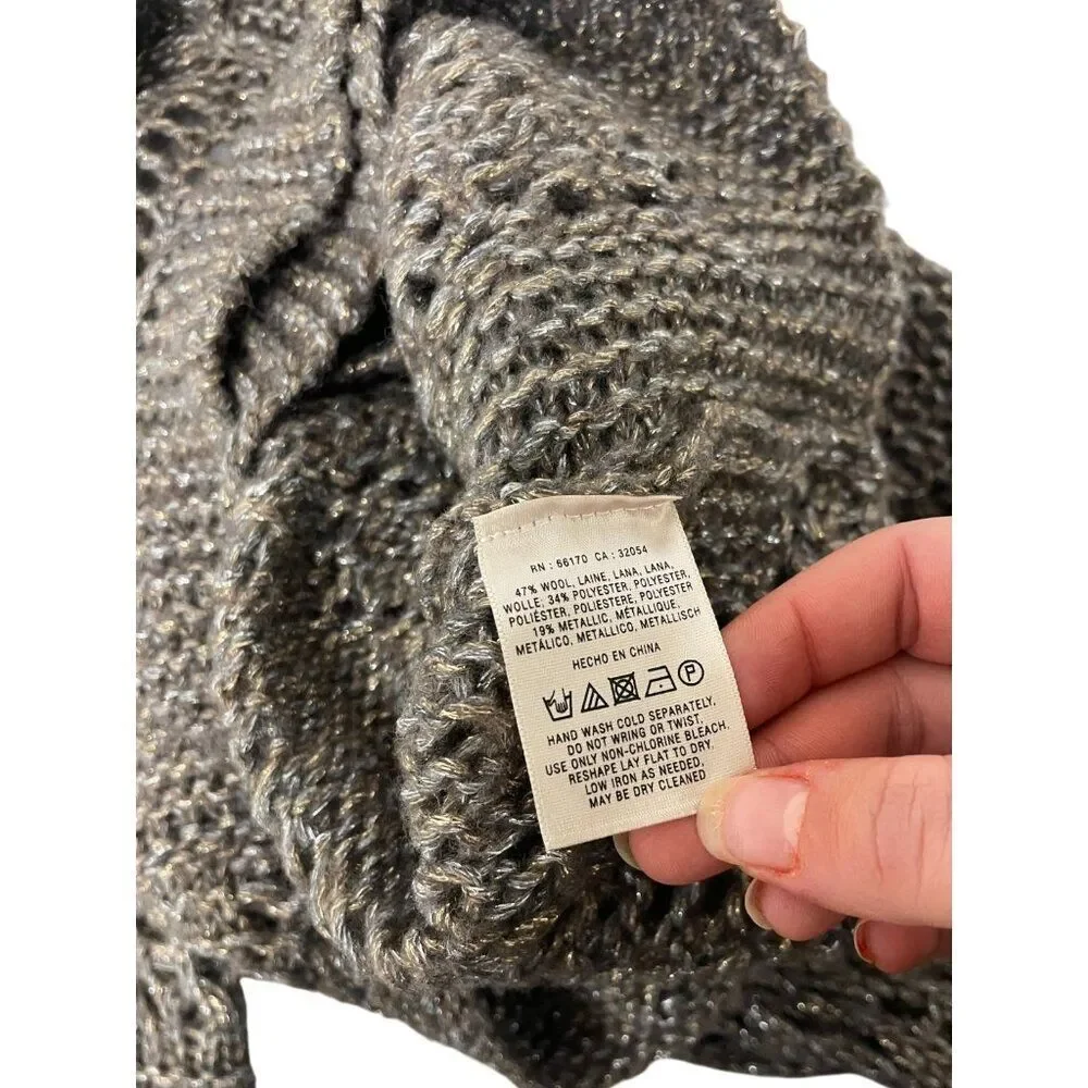 Anthropologie Hand Knit by Dollie Wrap Sweater Small S Gray Metallic Cropped EUC